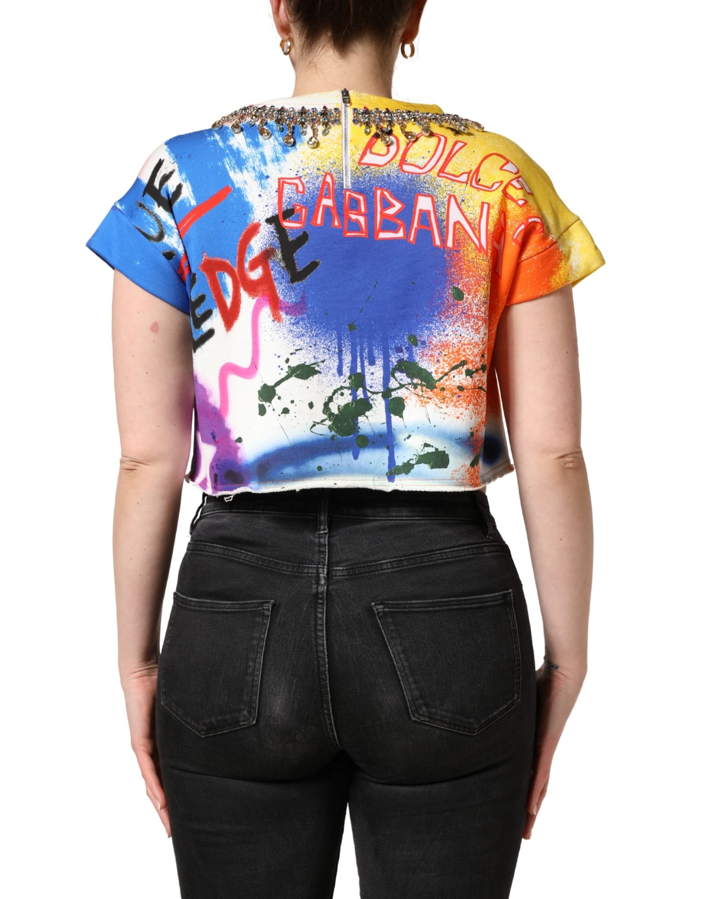Dolce & Gabbana Multicolor Graffiti Crystals Crop Jersey Top Dolce & Gabbana