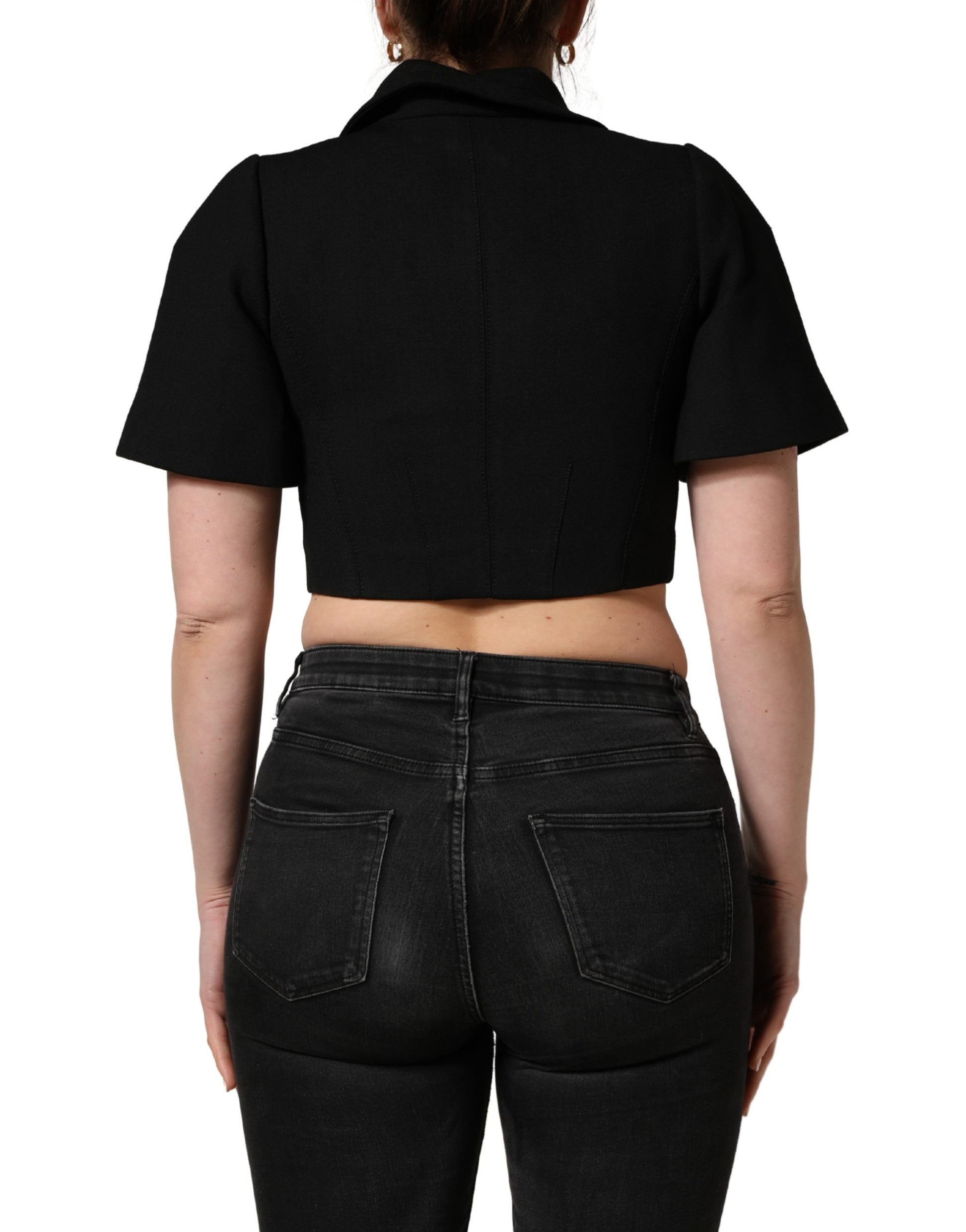 Dolce & Gabbana Black Collared Short Sleeves Cropped Blouse Top Dolce & Gabbana