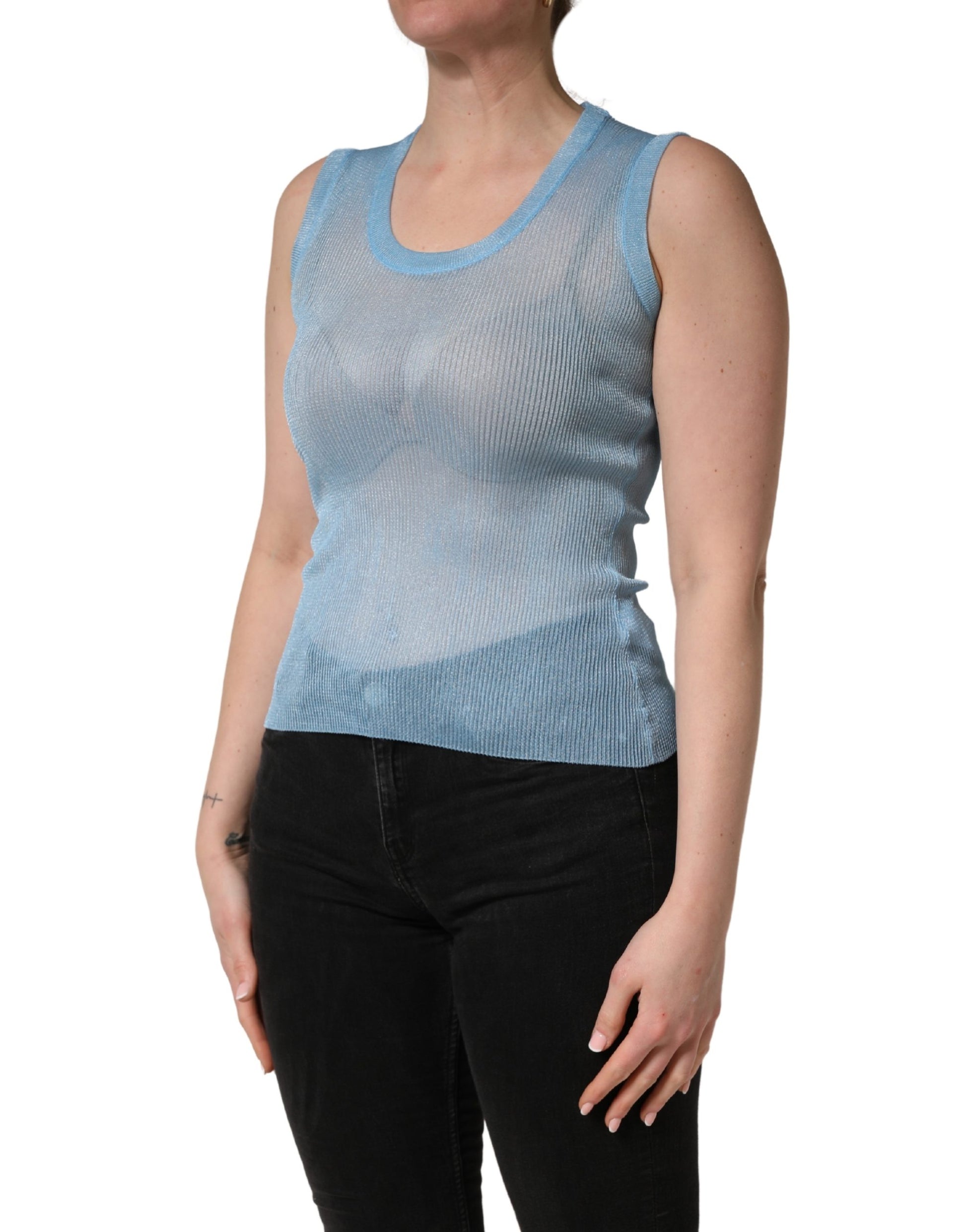 Dolce & Gabbana Blue Semi Sheer Ribbed Sleeveless Tank Top Dolce & Gabbana