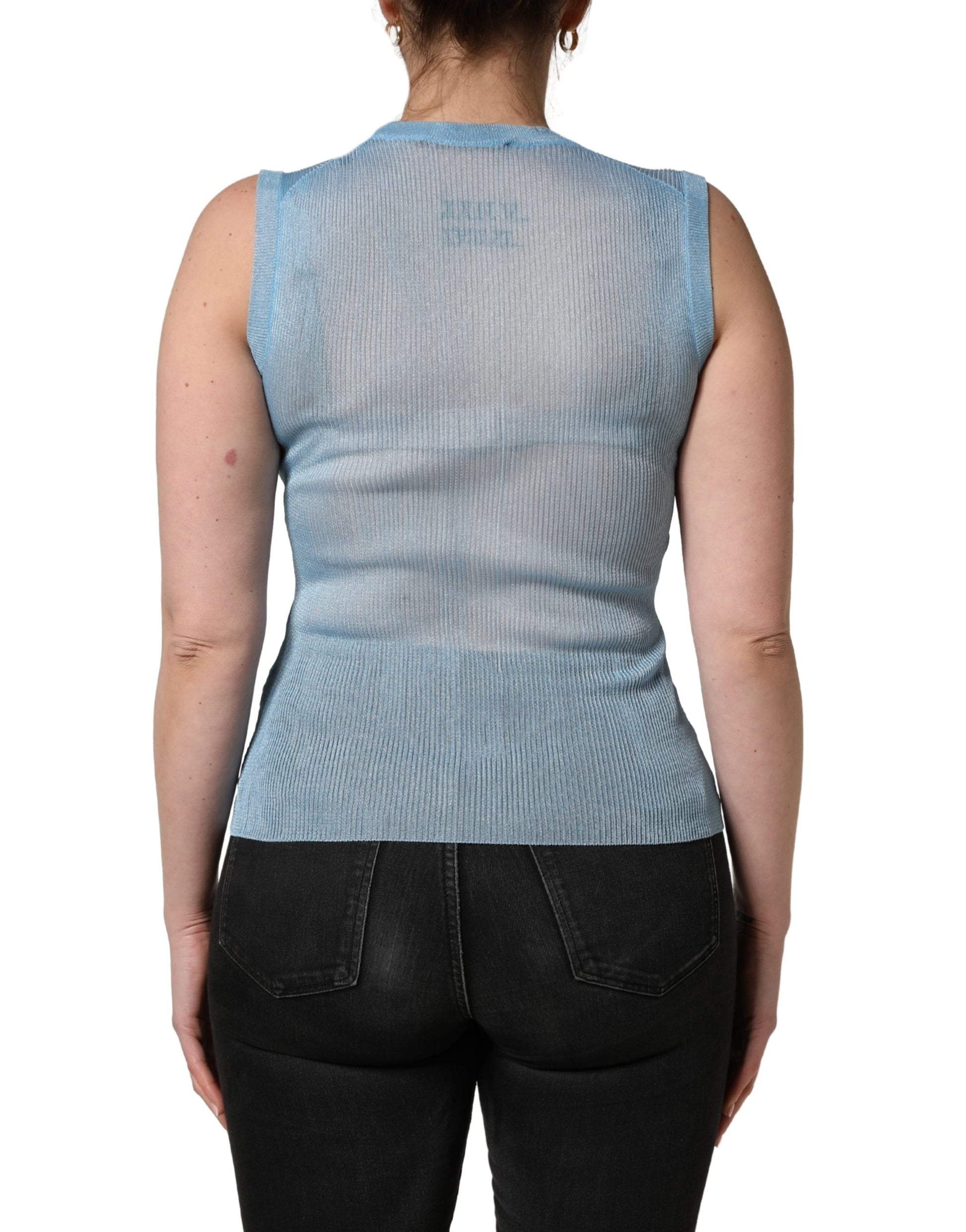 Dolce & Gabbana Blue Semi Sheer Ribbed Sleeveless Tank Top Dolce & Gabbana