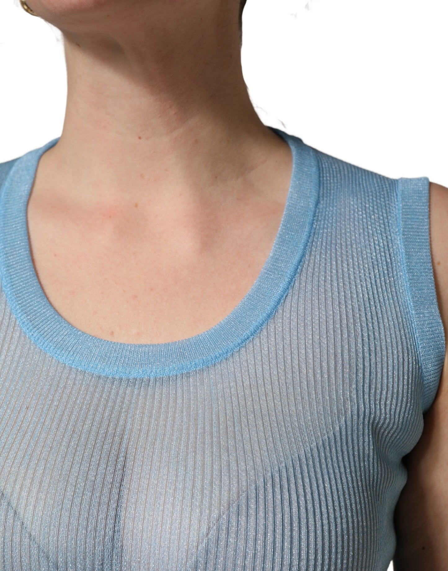 Dolce & Gabbana Blue Semi Sheer Ribbed Sleeveless Tank Top Dolce & Gabbana