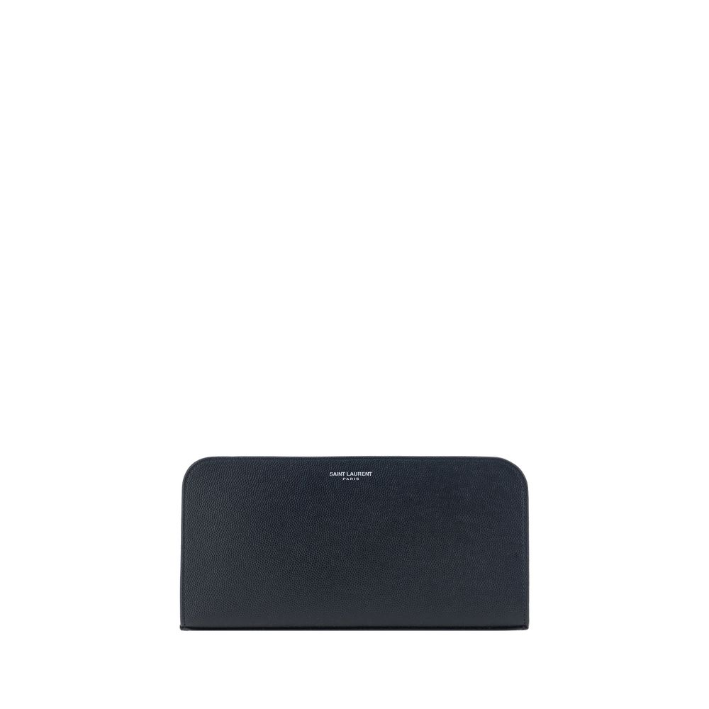 Saint Laurent black calf leather Bos Taurus wallet with multiple card slots and sleek design.