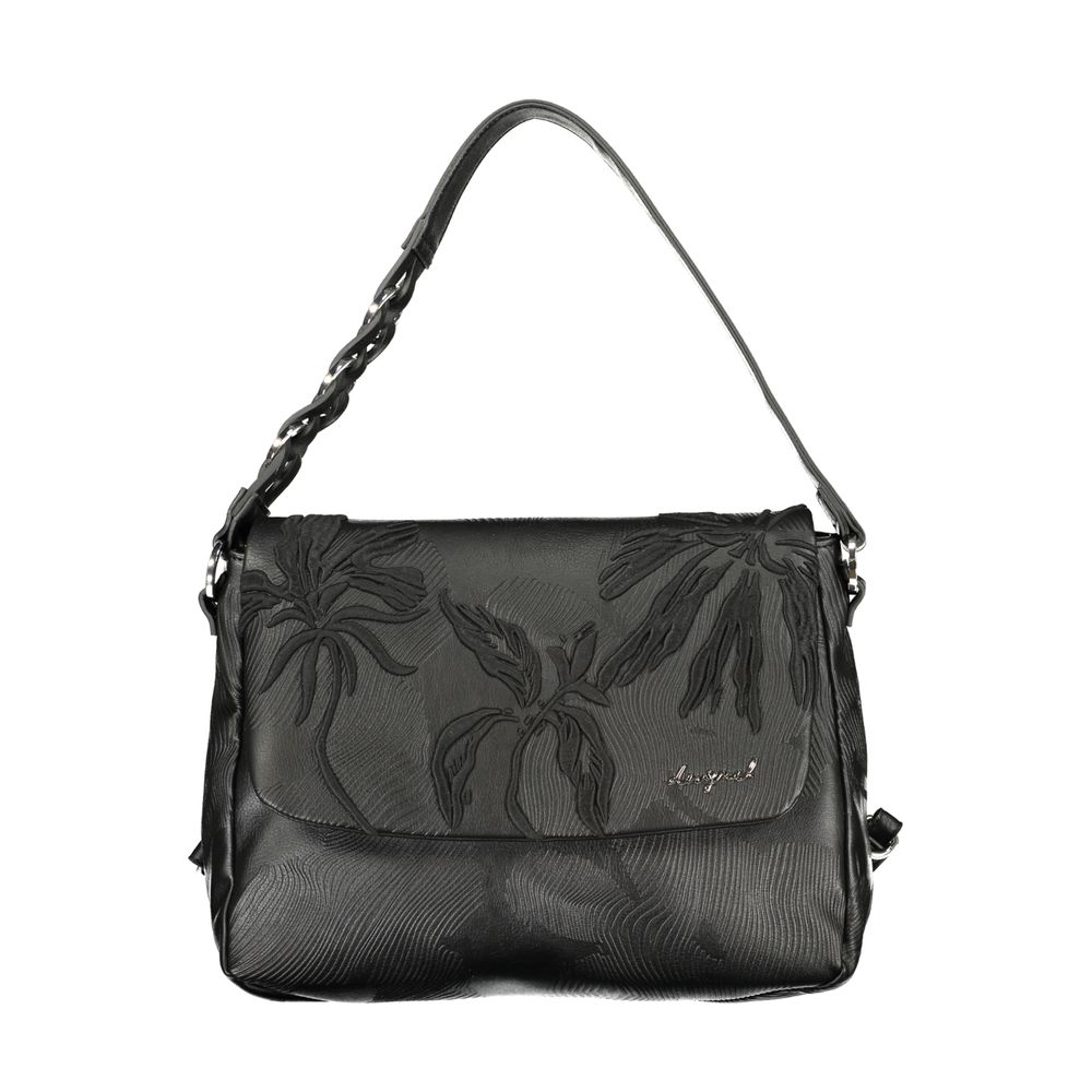 Desigual black polyurethane women's backpack with adjustable straps and zipper compartments, stylish and functional for everyday use.