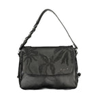 Desigual black polyurethane women's backpack with adjustable straps and zipper compartments, stylish and functional for everyday use.