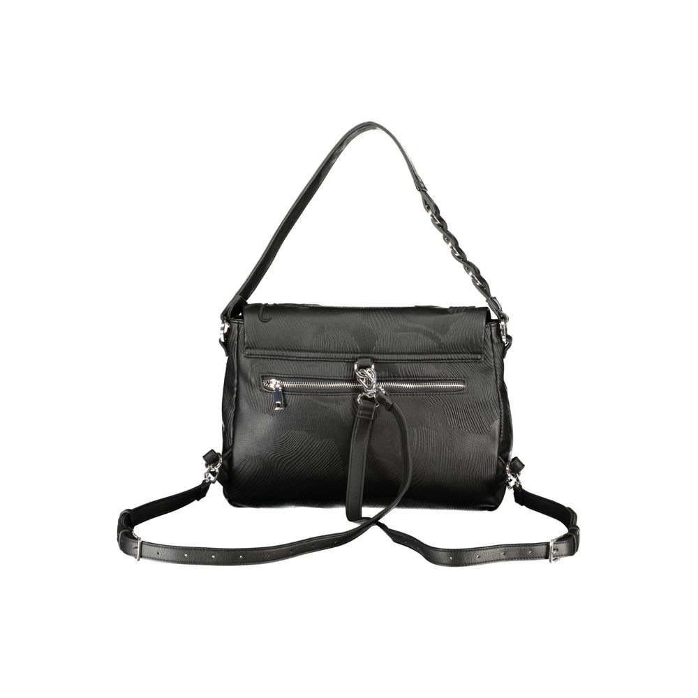 Black polyurethane Desigual women’s backpack with adjustable straps and colorful logo accents, stylish and functional accessory.