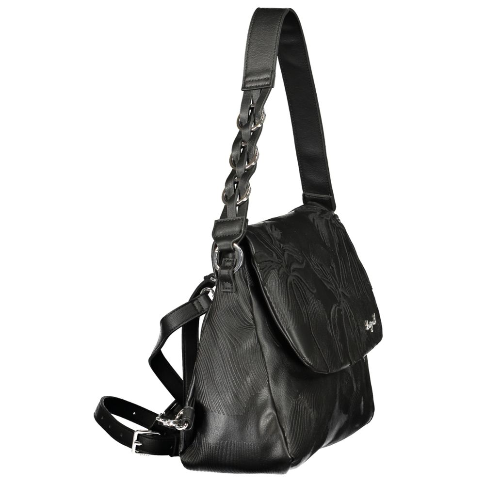 Desigual black polyurethane women’s backpack with adjustable straps and front zipper pocket, stylish and functional accessory.