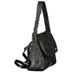 Desigual black polyurethane women’s backpack with adjustable straps and front zipper pocket, stylish and functional accessory.