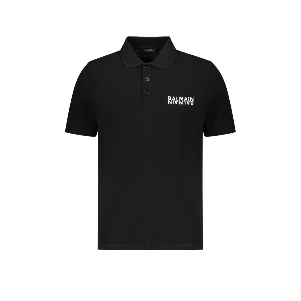 Balmain black cotton polo shirt with classic collar and short sleeves, displayed on a plain background.