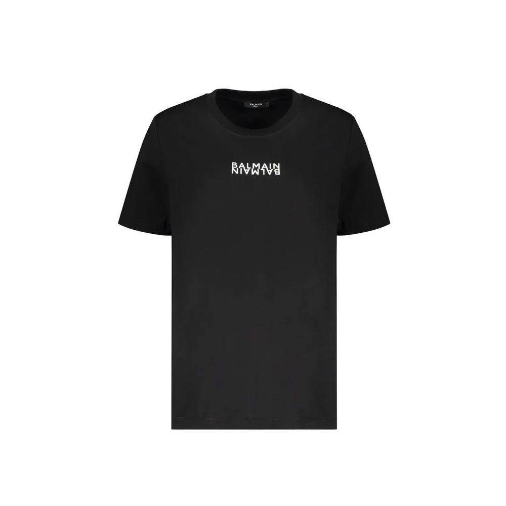 Black cotton T-shirt by Balmain featuring a classic fit and minimalist design, displayed on a neutral background.