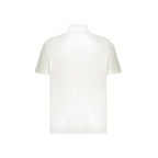 Balmain white cotton polo shirt with a classic collar and short sleeves, displayed on a hanger against a neutral background.