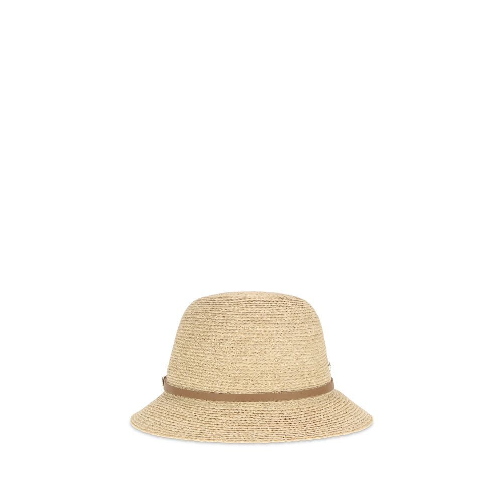 Helen Kaminski beige raffia hat with wide brim and woven texture, perfect for sun protection and stylish summer wear.