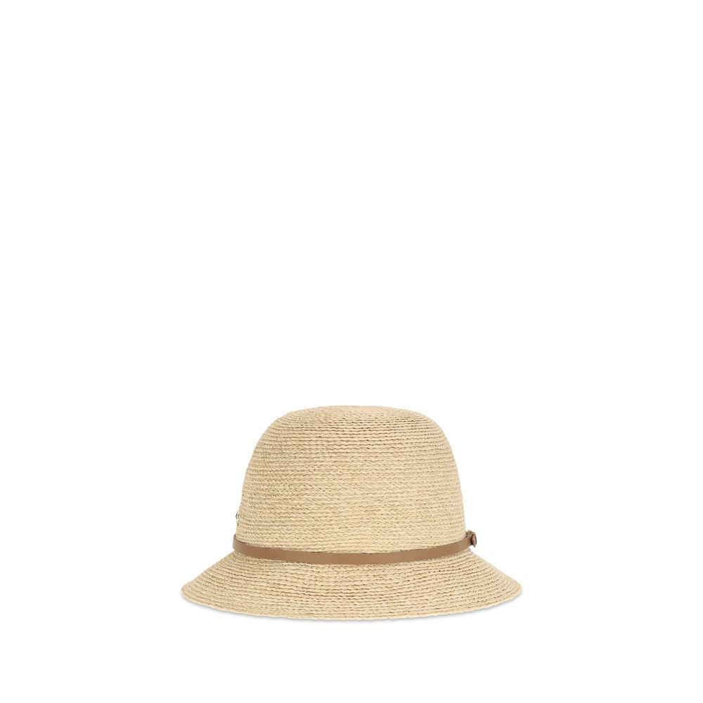 Helen Kaminski beige raffia hat with wide brim and woven texture, perfect for sun protection and stylish summer wear.