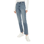 Blue cotton skinny jeans by Calvin Klein Jeans, shown with a close-up of the fabric and fit on a model.