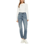 Blue cotton skinny jeans from Calvin Klein Jeans, showcasing fit and fabric texture on a model.