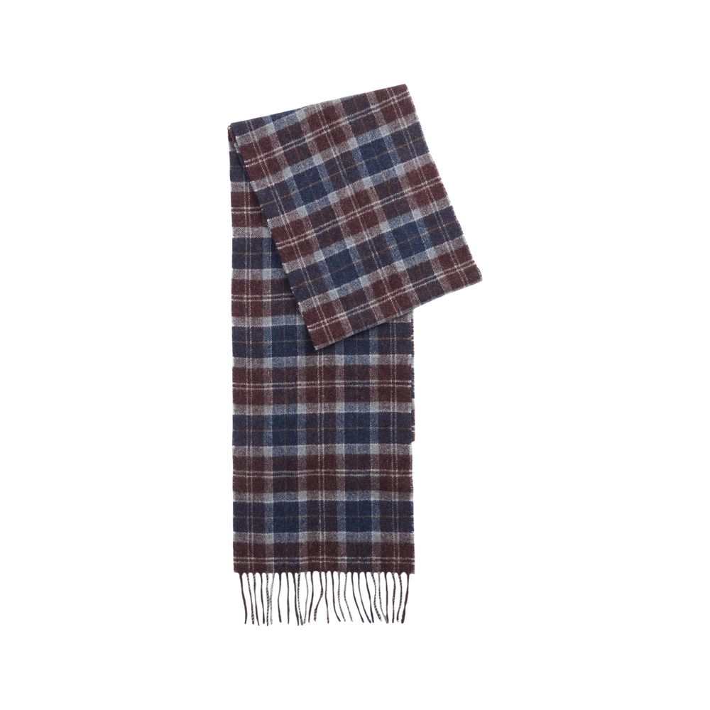 Barbour bicolor wool scarf featuring a classic plaid pattern, soft texture, and fringed edges for stylish warmth.