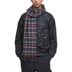 Barbour bicolor wool scarf with fringed ends in navy and tan, stylish and warm accessory for cold weather.