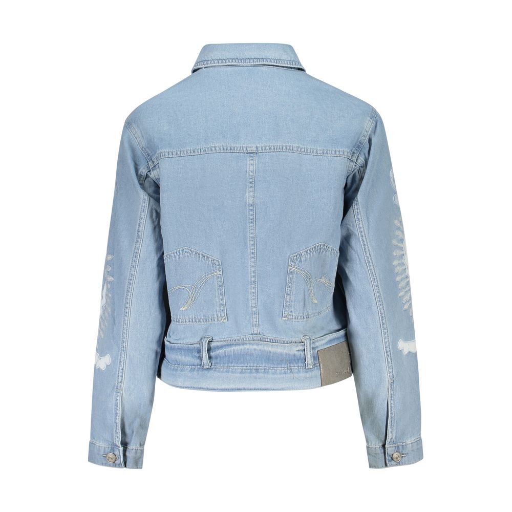 Desigual Azzurro cotton women's jacket in light blue with a casual fit, displayed on a hanger against a neutral background.