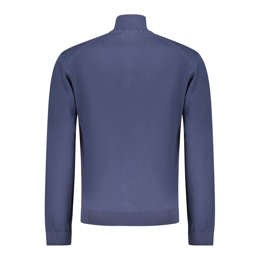 Napapijri blue cotton men's cardigan with a button-up front and ribbed cuffs, displayed on a neutral background.