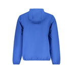 Norway 1963 men's blue polyester jacket with front zipper and collar, displayed on a hanger.