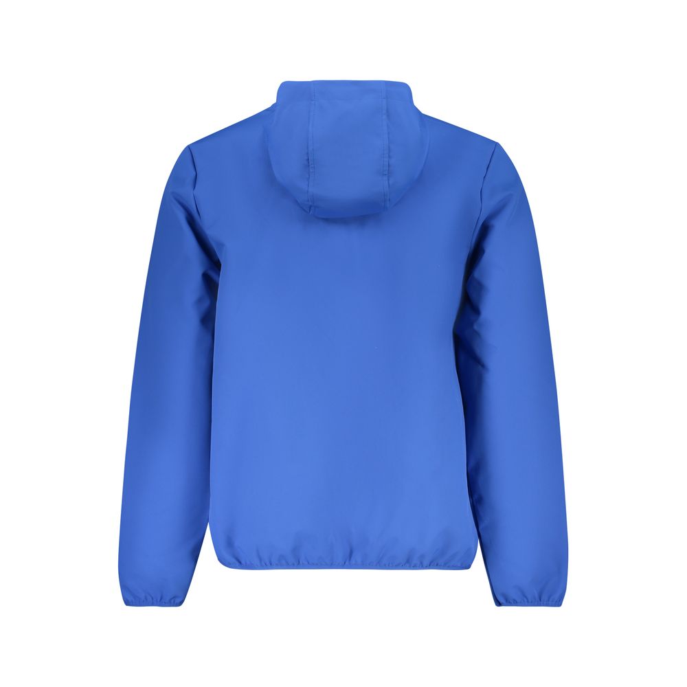 Norway 1963 men's blue polyester jacket with front zipper and collar, displayed on a hanger.
