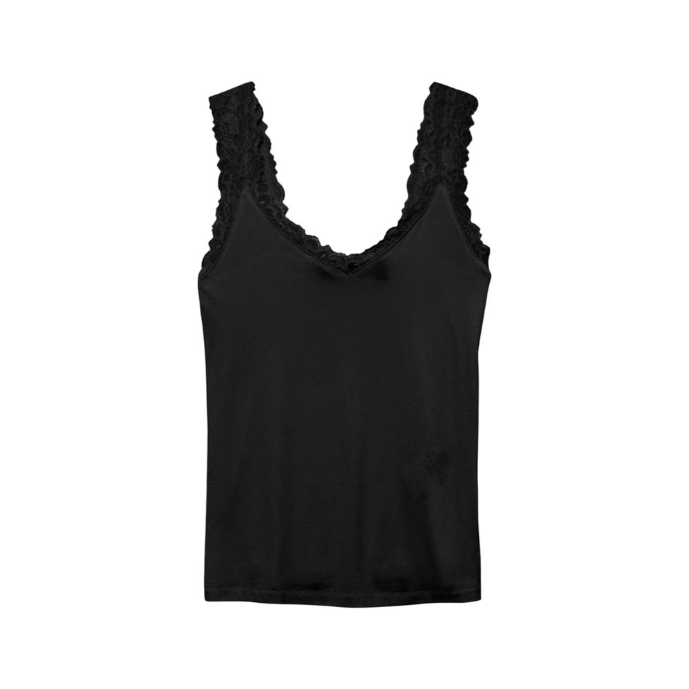 Black Vero Moda viscose tank top displayed on a hanger, sleeveless and lightweight for casual wear.
