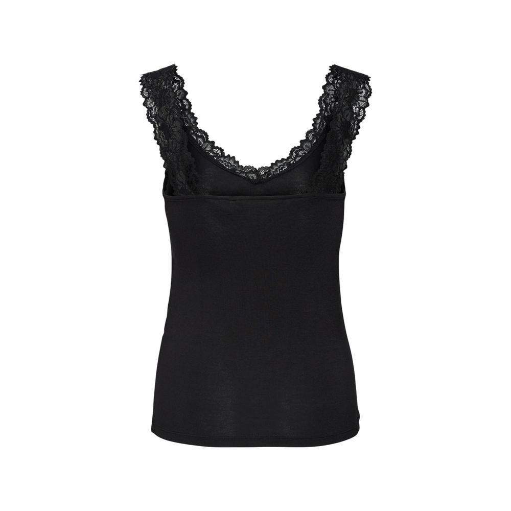 Black Vero Moda viscose tank top displayed flat, showing its simple sleeveless design and smooth fabric texture.