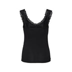 Black Vero Moda viscose tank top displayed flat, showing its simple sleeveless design and smooth fabric texture.