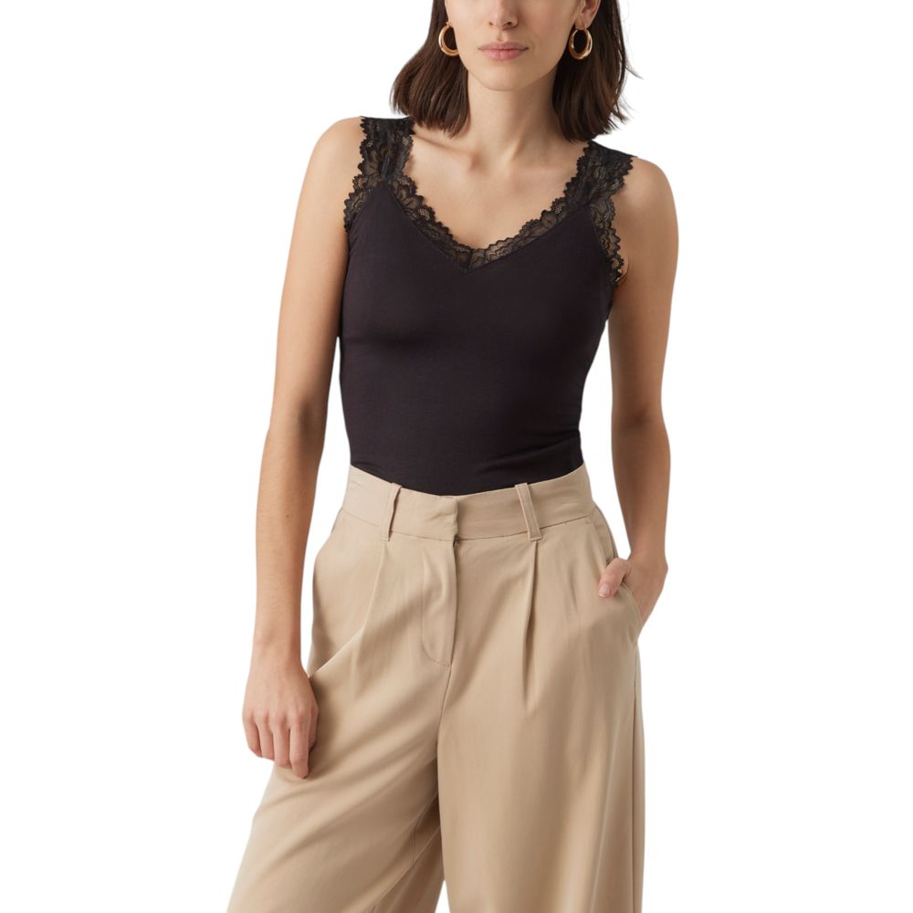 Black Vero Moda viscose tank top displayed on a hanger with a close-up view of the fabric and neckline.