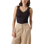Black Vero Moda viscose tank top displayed on a hanger with a close-up view of the fabric and neckline.