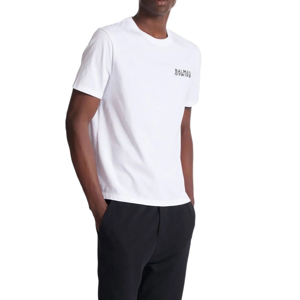 Balmain white cotton T-shirt with crew neckline and short sleeves, casual men's fashion top.