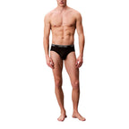 Black Calvin Klein Underwear briefs made from recycled polyester, featuring a comfortable fit and classic design.