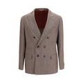 Brunello Cucinelli brown linen blazer displayed on a hanger, showcasing tailored fit and textured fabric for a stylish, sophisticated look.