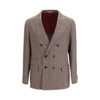 Brunello Cucinelli brown linen blazer displayed on a hanger, showcasing tailored fit and textured fabric for a stylish, sophisticated look.