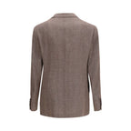 Brunello Cucinelli brown linen blazer displayed on a hanger, showcasing tailored fit and classic style.