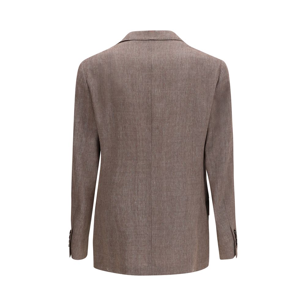 Brunello Cucinelli brown linen blazer displayed on a hanger, showcasing tailored fit and classic style.