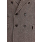 Brunello Cucinelli brown linen blazer hanging on a wooden hanger, showcasing tailored fit and lightweight fabric.