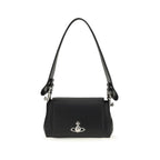 Black Vivienne Westwood polyurethane shoulder bag with gold-tone hardware and signature orb logo detailing.
