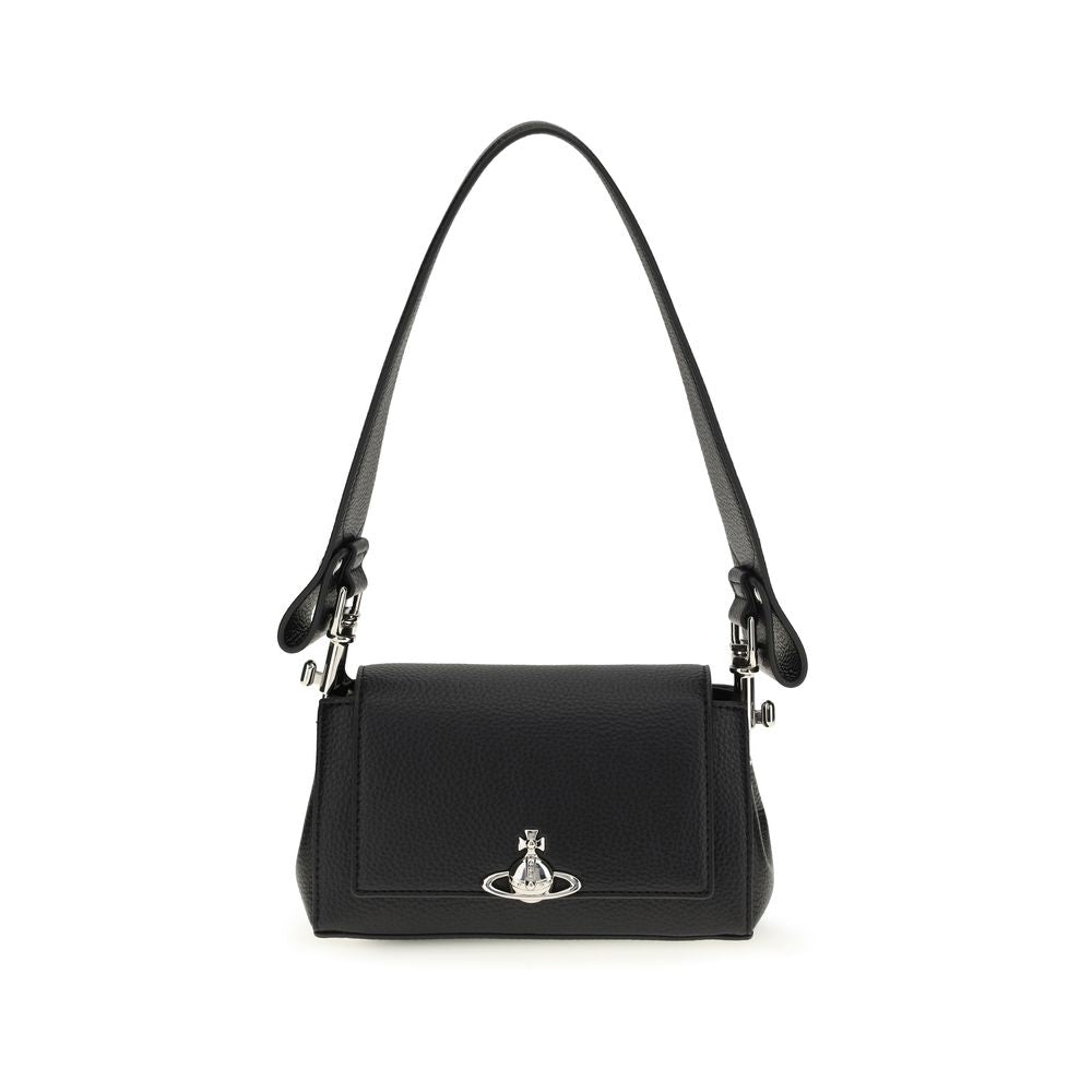 Black Vivienne Westwood polyurethane shoulder bag with gold-tone hardware and signature orb logo detailing.