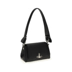 Black Vivienne Westwood polyurethane shoulder bag with silver hardware and signature orb logo, stylish and spacious accessory.
