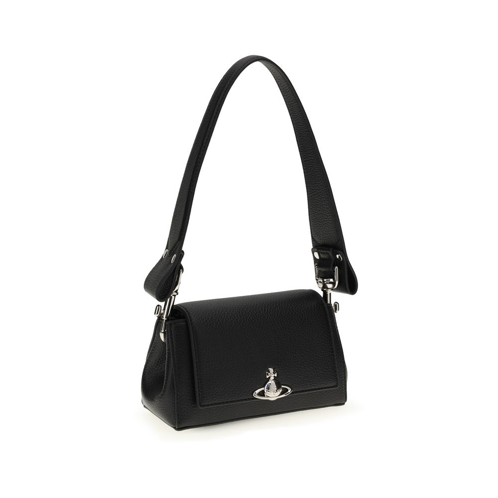 Black Vivienne Westwood polyurethane shoulder bag with silver hardware and signature orb logo, stylish and spacious accessory.