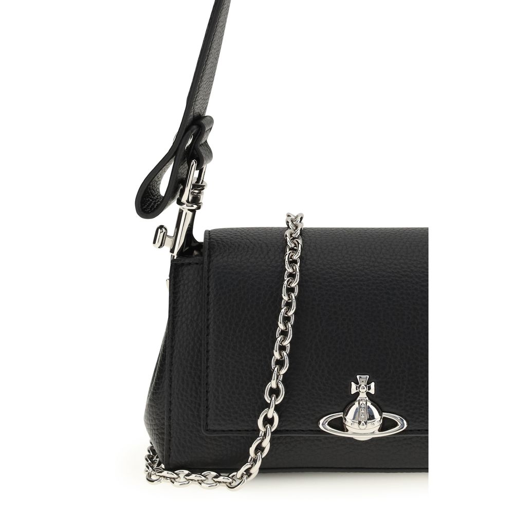 Black Vivienne Westwood polyurethane shoulder bag with silver hardware and signature orb logo, stylish and compact accessory.