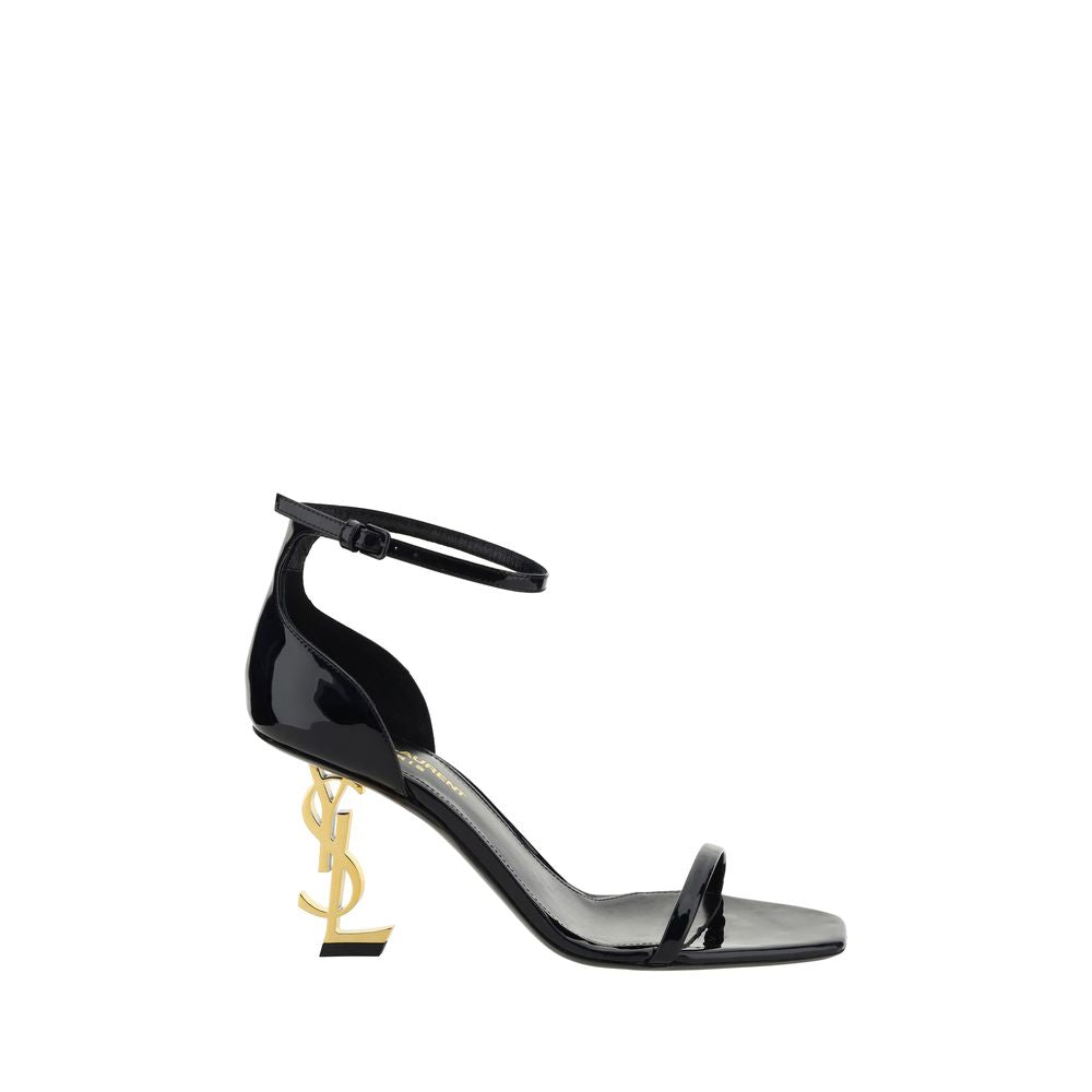 Saint Laurent Black Calf Leather Bos Taurus Stiletto Heel Sandals showing sleek leather straps and high stiletto heel.