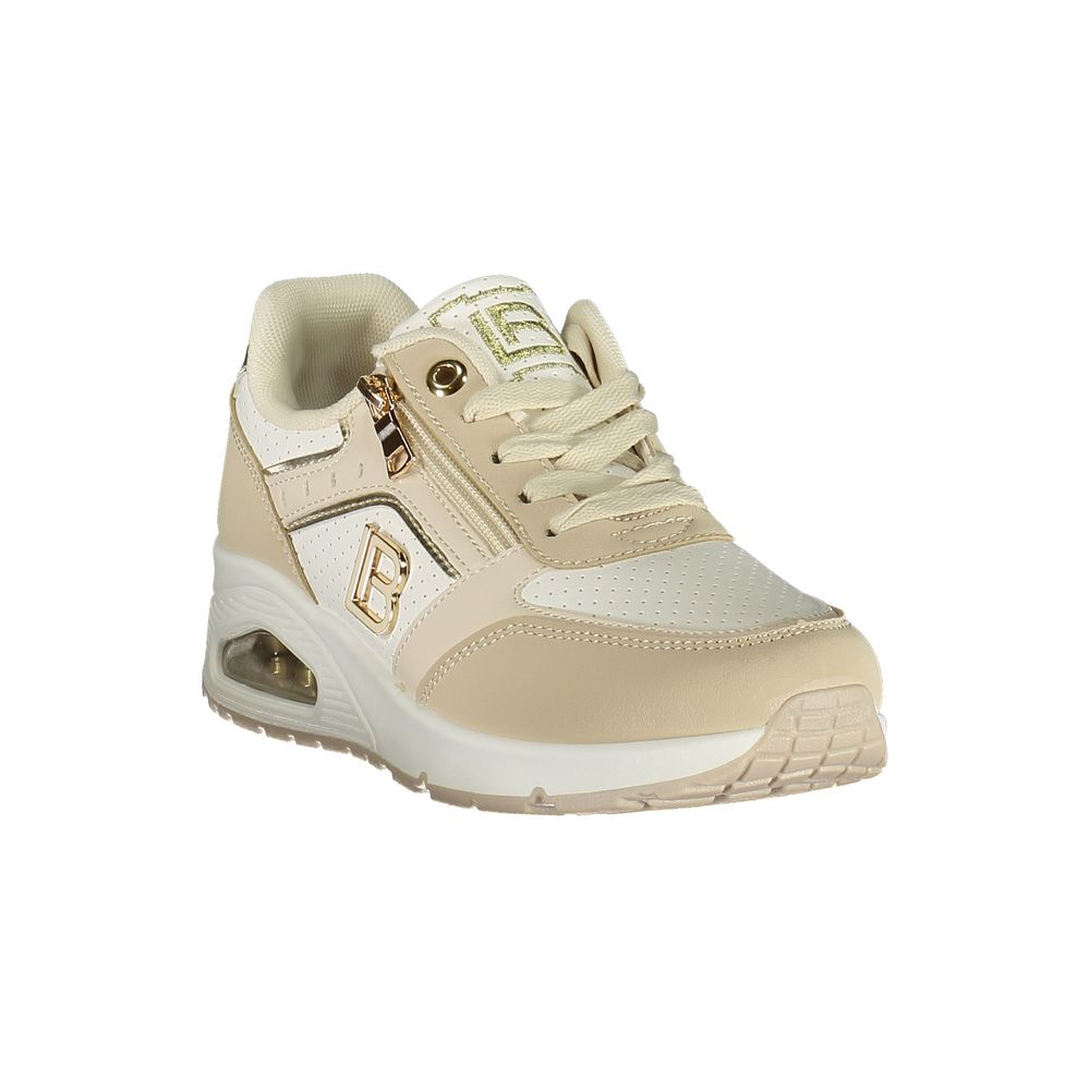 Laura Biagiotti beige polyurethane women's sneakers with white rubber soles and casual sporty design.