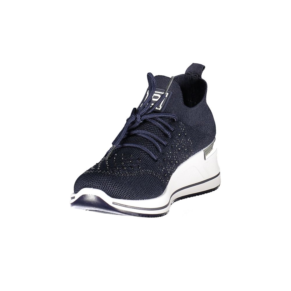 Blue Laura Biagiotti polyester women's sneakers with white soles and lace-up design, casual athletic footwear.