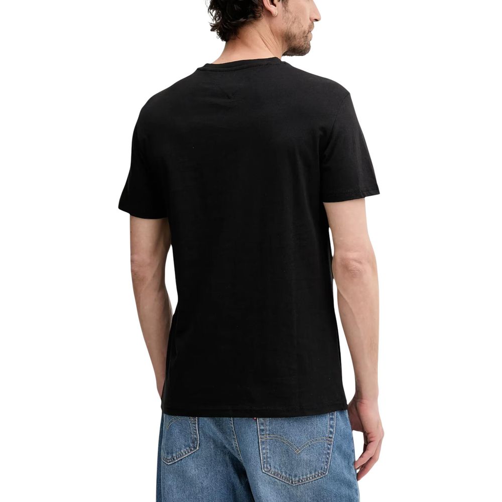 Tommy Hilfiger Jeans black recycled cotton T-shirt with logo detail, casual fit, comfortable fabric, and classic crew neckline.