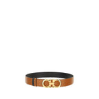 Ferragamo brown calf leather belt with Bos Taurus buckle, classic men's accessory, high-quality genuine leather strap.
