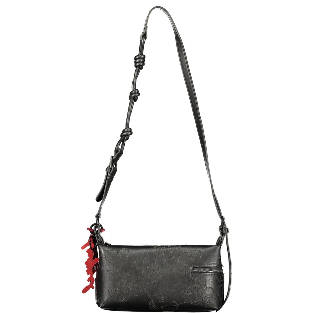 Desigual black polyurethane women's handbag with stylish design and silver hardware, featuring top handles and a spacious interior.