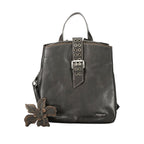 Desigual black polyurethane women’s backpack with adjustable straps and front zipper pocket, stylish and functional for everyday use.