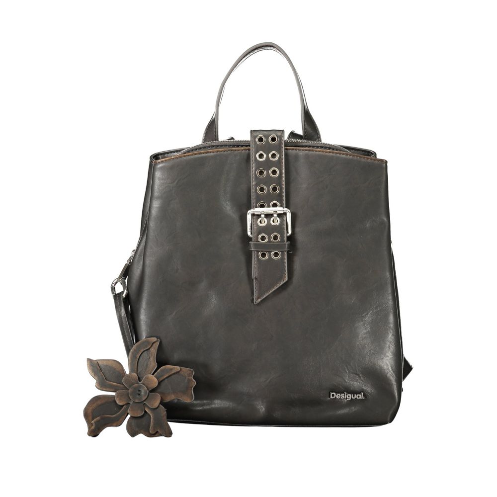 Desigual black polyurethane women’s backpack with adjustable straps and front zipper pocket, stylish and functional for everyday use.