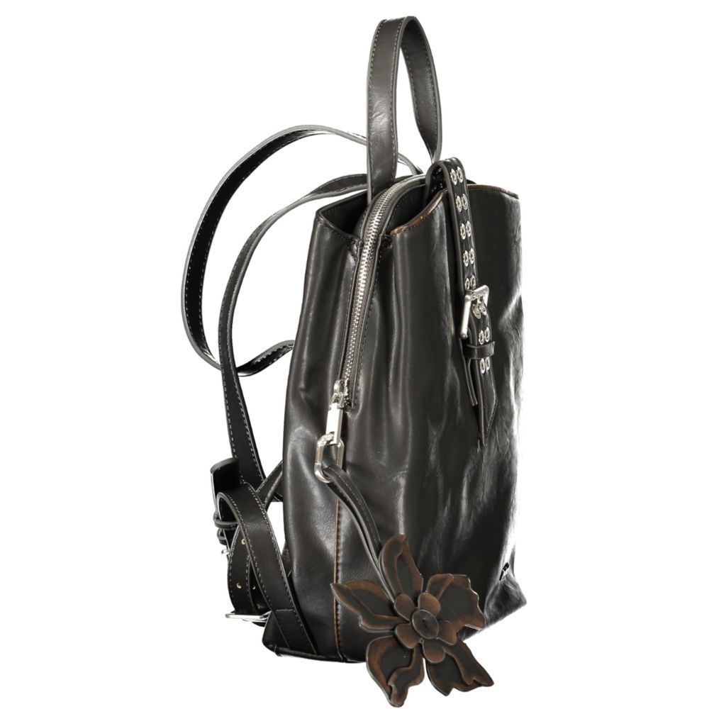 Desigual black polyurethane women's backpack with adjustable shoulder straps and front zip pocket, stylish and functional.